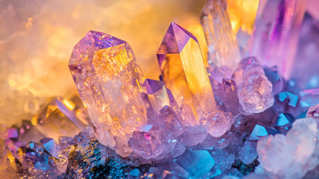 A stunning close-up of vibrant crystal formations reflecting light in various colors, showcasing the beauty of nature and the intricacies of geology.の素材