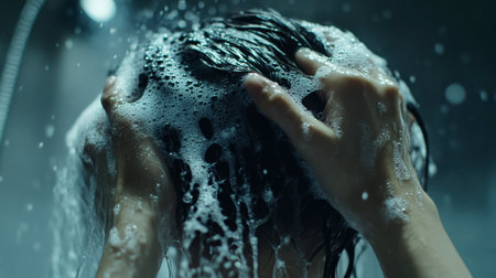 A relaxing shower scene with water and bubbles creating a soothing atmosphere. Capturing the essence of cleanliness and personal care in a peaceful environment.の素材