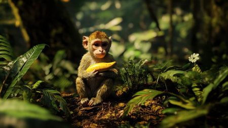 A young monkey sits peacefully in a lush jungle, holding a banana. The vibrant foliage and natural light create a serene atmosphere, perfect for wildlife themes.の素材