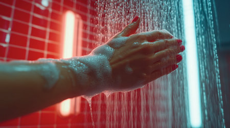 A close-up view of a hand under a flowing shower, showcasing water droplets and soap lather. The setting features bold red lighting, creating a vibrant and refreshing atmosphere ideal for showcasing personal care and hygiene.の素材