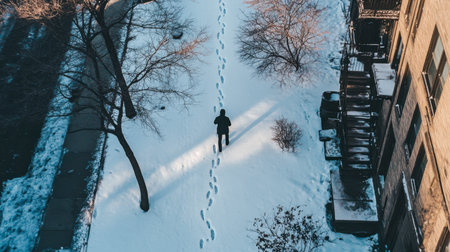 A lone figure walks through deep snow, leaving footprints behind. This aerial shot captures the serene winter landscape with urban elements.の素材