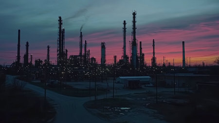 A captivating industrial landscape at dusk, showcasing silhouetted refineries against a colorful sky. The scene highlights the blend of nature and industry.の素材