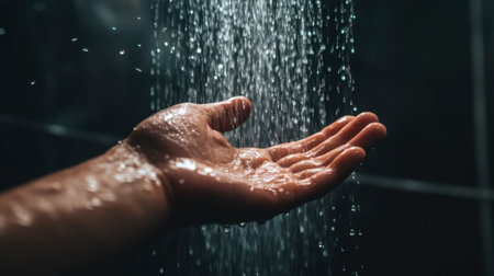 A hand reaches out beneath a gentle stream of water, showcasing the beauty of droplets falling. This image evokes feelings of relaxation and tranquility.の素材