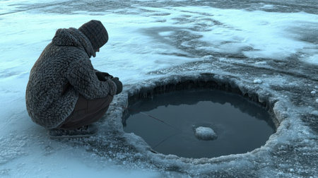 A serene winter scene depicting a fisherman seated by a freeze-hole in a tranquil icy landscape, capturing moments of solitude and patience.の素材