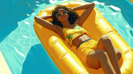 A young woman enjoys a sunny day floating on a bright yellow inflatable in a serene pool. The vibrant colors evoke warmth and a sense of relaxation.の素材