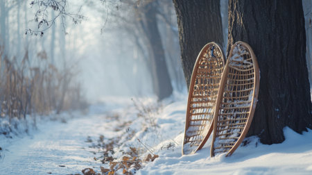 A serene winter scene featuring wooden snowshoes resting against a tree. The snowy pathway creates a tranquil atmosphere perfect for outdoor adventures.の素材