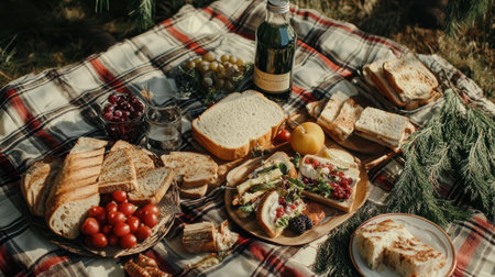Enjoy a delightful picnic setup featuring fresh sandwiches, vibrant fruits, and a touch of greenery. Perfect for summer gatherings in nature.の素材