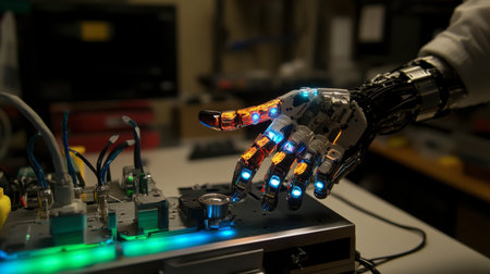 High-tech robotic hand interacts with electronic equipment, showcasing advanced technology and innovation in automation and robotics within a modern workspace.の素材
