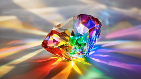 A vibrant gemstone reflecting light in a spectrum of colors. This captivating image showcases the beauty and elegance of the crystal, ideal for design and decorative purposes.の素材