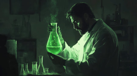 A focused scientist in a laboratory examines a flask filled with green liquid, surrounded by glassware and a mysterious atmosphere.の素材