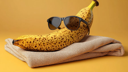 A playful banana wearing sunglasses rests on a towel over a vibrant yellow background. This fun and quirky composition captures summer vibes and creative joy.の素材