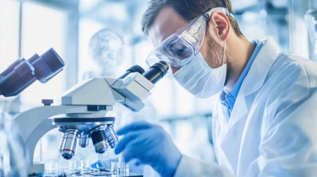 A focused scientist conducts research using a microscope in a modern laboratory, wearing protective equipment and ensuring safety measures are in place.の素材
