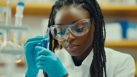 A young scientist in a laboratory examines a test tube filled with blue liquid. She wears safety goggles and gloves, embodying professionalism and focus in her research work.の素材