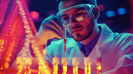 A focused scientist in a lab coat conducts an experiment using a pipette. The scene showcases advanced laboratory technology and vibrant lighting.の素材
