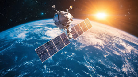 A stunning satellite orbits Earth, showcasing solar panels illuminated by sunlight. This captivating image represents the intersection of technology and space exploration.の素材