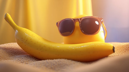 A vibrant and playful scene featuring a banana and a lemon with sunglasses on a beach towel, perfect for summer vibes and cheerful decor.の素材