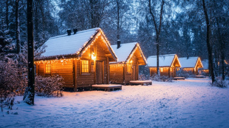 A picturesque cabin village adorned with twinkling lights amidst a snowy landscape, evoking a warm and festive atmosphere perfect for winter retreats.の素材