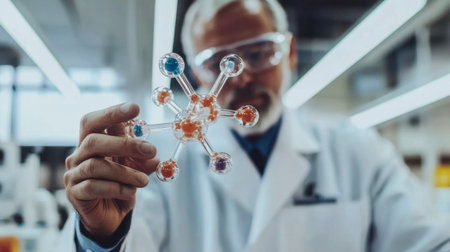 A focused scientist presents a colorful molecular model in a modern laboratory, showcasing the intersection of research and education in the field of chemistry.の素材