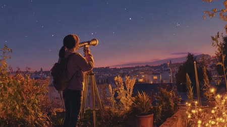 A young girl gazes at the stars through a telescope, surrounded by a serene urban landscape at dusk. The scene captures the beauty of exploration and curiosity.の素材