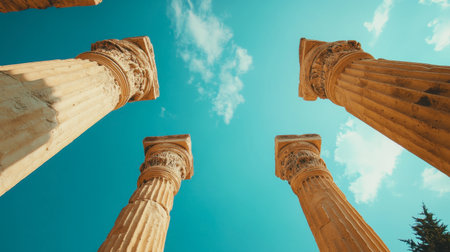 Majestic ancient columns reach towards a bright blue sky, capturing the essence of history and culture. A stunning view perfect for travel and exploration themes.の素材