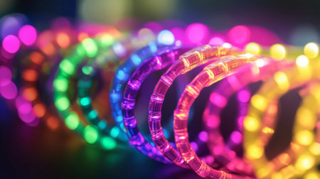 A stunning display of colorful light rings creates a vibrant atmosphere, perfect for festive occasions. The glowing neon hues enhance any celebration or artistic project.の素材