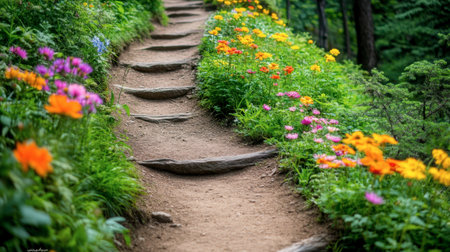 Explore a tranquil pathway lined with vibrant flowers, offering a serene escape in nature. The beautiful scenery invites you to relax and enjoy the outdoors.の素材