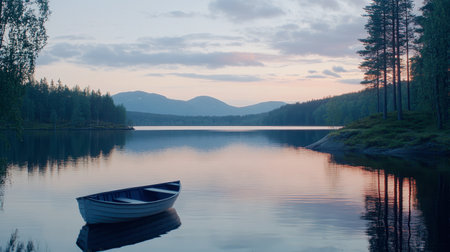 Experience the tranquility of a serene lake at dawn, featuring a lone rowboat resting on calm waters, surrounded by lush trees and distant mountains.の素材