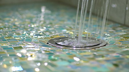 A close-up view of water flowing into a mosaic-tiled drain, showcasing shimmering droplets and tranquil reflections, ideal for spa or relaxation themes.の素材