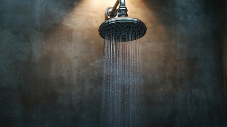 A modern showerhead is elegantly dispensing water droplets in a stylish bathroom setting. This image conveys cleanliness and relaxation in a contemporary space.の素材