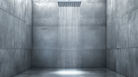 A sleek and modern shower features a gentle cascade of water in a minimalist concrete bathroom. This serene space highlights tranquility and fresh design.の素材