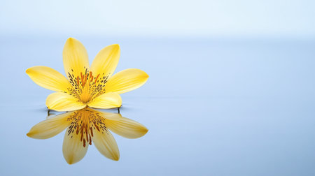 A stunning yellow flower floats serenely on calm water, creating a perfect reflection. This image captures the essence of tranquility and natural beauty.の素材