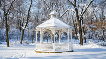 A beautiful gazebo covered in fresh snow, surrounded by trees in a serene winter landscape. Perfect for capturing the essence of a peaceful snowy day.の素材