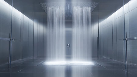 A sleek, modern shower featuring a waterfall design with elegant water flow, creating a serene and luxurious ambiance in a contemporary bathroom space.の素材