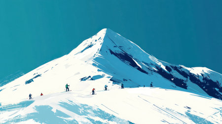 A stunning view of a snowy mountain featuring skiers enjoying their adventure under a bright blue sky. Perfect for winter sports and outdoor activities.の素材
