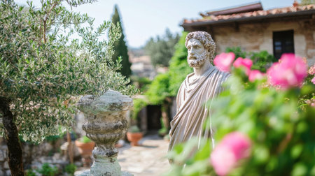 A tranquil garden featuring a classical stone statue surrounded by vibrant flowers and lush greenery, creating a serene outdoor ambiance.の素材