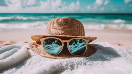 A stylish straw hat and sunglasses resting on a soft towel, capturing the essence of beach life. Ideal for summer, travel, and relaxation themes.の素材