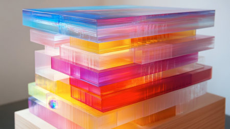 A striking composition featuring vibrant, layered transparent blocks that create an artistic display. Perfect for modern decor and inspirational visuals.の素材