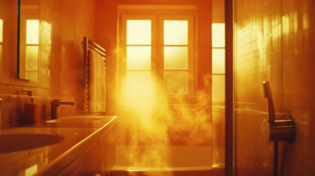 A serene and inviting bathroom filled with warm steam and soft light. Ideal for conveying relaxation, cleanliness, and a rejuvenating atmosphere.の素材