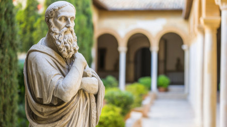 A stunning ancient statue stands in a serene courtyard, surrounded by lush greenery and classic architecture, evoking a sense of peace and history.の素材