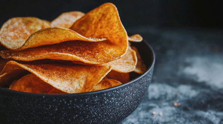 A close-up of a bowl filled with crispy snack chips, showcasing their delightful golden hue and texture. Perfect for gatherings or casual snacking.の素材