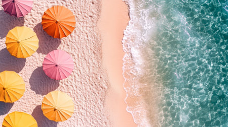 Bright and colorful umbrellas adorn a sandy beach, inviting relaxation under the sun. Waves gently lap at the shore, creating a perfect summer getaway.の素材