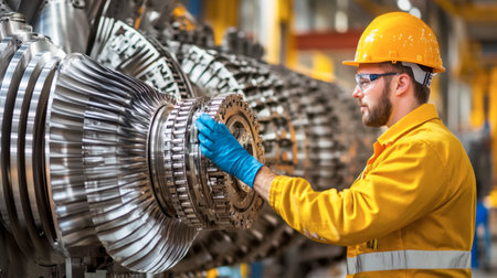 A skilled worker wearing safety gear assembles a turbine component in a modern industrial setting, showcasing precision and expertise in machinery assembly.の素材