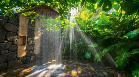 A tranquil outdoor shower amid lush greenery and sunlight, offering a refreshing escape in nature. Perfect for relaxation and wellness retreats.の素材