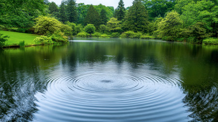 A tranquil lake scene featuring ripples on the water's surface, surrounded by lush greenery and tall trees. A perfect representation of nature's serenity.の素材