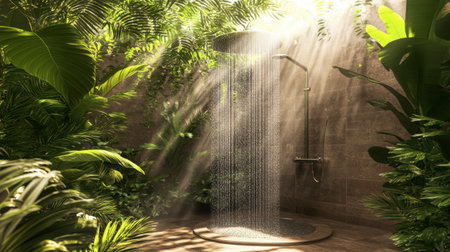 Discover a tranquil outdoor shower enveloped by vibrant greenery and soft sunlight, creating a refreshing space for relaxation and rejuvenation.の素材