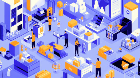 This vibrant illustration depicts modern warehouse operations, showcasing workers engaged in logistics activities, managing inventory, and organizing supplies with a focus on efficiency and productivity.の素材