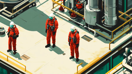 Three workers in protective gear stand on an industrial platform, emphasizing safety and teamwork in an operational setting. The scene conveys professionalism and diligence in the work environment.の素材