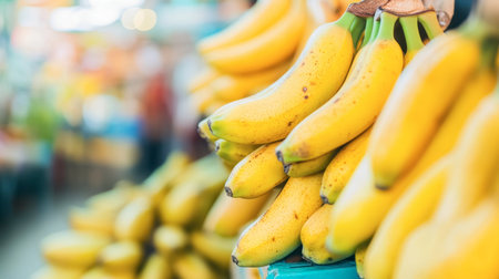 A vibrant display of fresh bananas at a bustling market stall. The bright yellow fruits invite customers, showcasing the freshness and quality of local produce.の素材