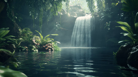 Discover a tranquil waterfall surrounded by vibrant plants and a serene pool. This lush tropical paradise invites exploration and relaxation in nature.の素材