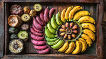 A vibrant display of fresh tropical fruits, including bananas and cacao, arranged artfully on a wooden tray, showcasing natural colors and textures.の素材